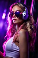 atraente mulher dentro uma dj fones de ouvido e sunglasse foto