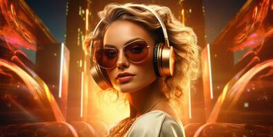 atraente mulher dentro uma dj fones de ouvido e sunglasse foto