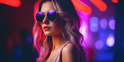 atraente mulher dentro uma dj fones de ouvido e sunglasse foto