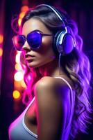 atraente mulher dentro uma dj fones de ouvido e sunglasse foto