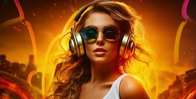 atraente mulher dentro uma dj fones de ouvido e sunglasse foto