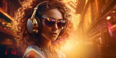 atraente mulher dentro uma dj fones de ouvido e sunglasse foto