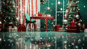 inverno ou Natal acolhedor interior. decorações, Natal árvore, presentes e acessórios. vermelho e verde cor. ai gerado foto