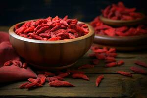 vermelho seco goji bagas dentro uma de madeira tigela. generativo ai foto