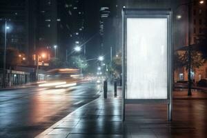 em branco vertical Painel publicitário poster em cidade rua ônibus Pare placa às noite. generativo ai ilustração foto