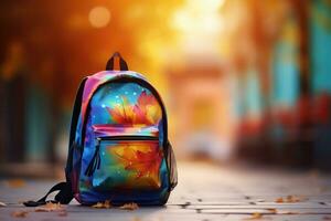 escola mochila em borrado fundo. costas para escola, Educação, estude conceito. generativo ai foto