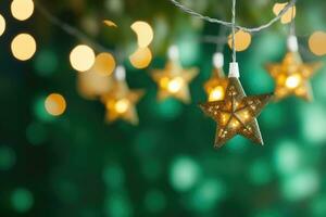 Natal Estrela luzes em borrado verde fundo. conduziu corda luz decoração. ai gerado foto