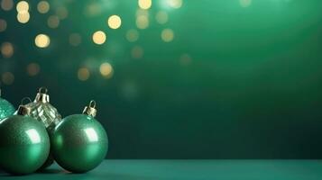 Natal bolas do verde cor em verde borrado fundo. bugiganga para decorar a árvore. Natal conceito. ai gerado foto