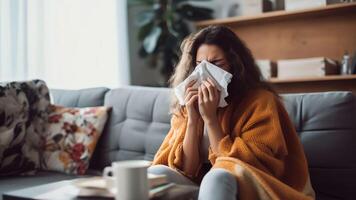 ai generativo eu vou chateado jovem mulher sentado em sofá coberto com cobertor congelando sopro corrida nariz obteve febre apanhado frio espirros dentro lenço de papel doente menina tendo gripe sintomas tosse às casa gripe foto