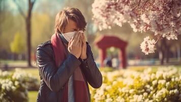 ai generativo eu vou jovem homem espirros dentro lenço sopro limpando corrida nariz doente alérgico cara apanhado frio obteve gripe gripe feno febre tosse tendo sazonal alergia sintomas respiratório c foto