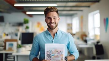 ai generativo retrato do casual sorridente caucasiano masculino trabalhador rindo olhando às Câmera positivo empregado posando para companhia o negócio Catálogo com colegas às fundo tendo foto tiro