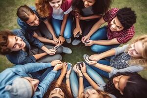 ai generativo seis diverso engraçado meninas deitado juntos dentro círculo em borracha tapetes vestindo roupa de esporte sorridente mostrar ioga cumprimento gesto olhando às Câmera topo acima Visão namaste símbolo do saudação foto