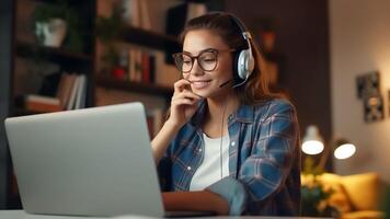 ai generativo inteligente jovem mulher dentro óculos vestindo sem fio fones de ouvido com microfone olhando às computador portátil monitor focado milenar fêmea aluna assistindo conectados educacional webinar escrevendo notas viga foto