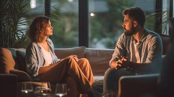 ai generativo infeliz milenar casal falando para psicólogo sentado em sofá visitando conselheiro partilha problemas dentro mau relacionamentos às família terapia sessão casamento aconselhamento psicoterapia co foto