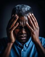 ai generativo chateado estressado jovem africano americano homem lidar com Forte dor de cabeça conceito chateado Exausta Preto cara sentindo-me frustrado depressivo cansado tocante testa Sofra a partir de enxaqueca cl foto