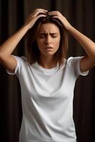 ai generativo jovem engraçado mulher vestindo branco camiseta esticado mãos sente confuso pose isolado em cinzento parede menina imaginando alternativas pesa prós e contras escolhendo faço não fácil difícil d foto