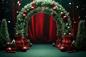 arco fez do Natal árvore bolas com decoração. vermelho Natal decorações. ai gerado foto