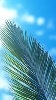ai generativo verde Palma folha contra a céu fechar-se tropical plantar fundo ensolarado dia luz sombra foto