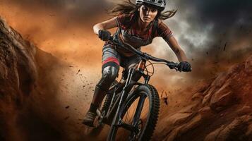 menina equitação bicicleta dentro montanhas foto
