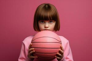 menina segurando basquetebol bola em Rosa fundo foto