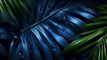 ai generativo tonificado azul folhas fundo com cópia de espaço para Projeto pingos de chuva em a folhas fechar-se rede bandeira local na rede Internet cabeçalho foto