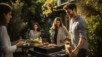 jovem família é grelhar às a churrasco foto