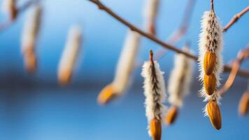 ai generativo amarelo bordo sementes contra a azul céu macro bordo galhos com dourado sementes em uma Claro ensolarado dia fechar-se cedo Primavera conceito brilhante lindo natureza fundo foto