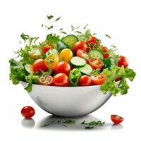 fresco vegetal salada dentro verde tigela e tomates isolado em branco fez com generativo ai foto