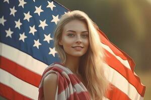 realista fotografia do feliz mulher em pé com bandeira fez com generativo ai foto