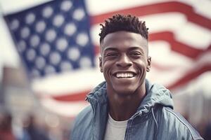 retrato feliz homem em pé com bandeira fez com generativo ai foto