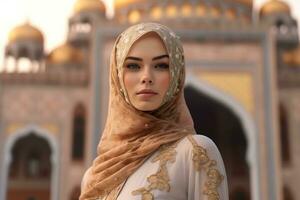 retrato lindo mulher vestindo hijab com luz exposição fez com generativo ai foto