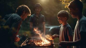 jovem família é grelhar às a churrasco foto