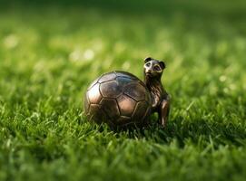 troféu do a fifa mundo copo em a verde Relva do a futebol campo. criada com generativo ai tecnologia. foto