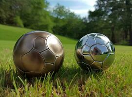 troféu do a fifa mundo copo em a verde Relva do a futebol campo. criada com generativo ai tecnologia. foto