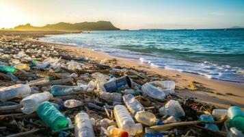 Pare oceano plástico poluição conceito, de Meio Ambiente problema plástico e microplástico em a água. generativo ai foto
