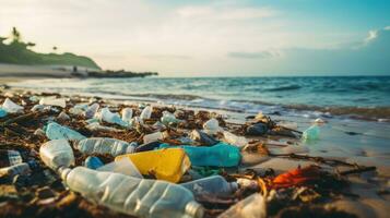 Pare oceano plástico poluição conceito, de Meio Ambiente problema plástico e microplástico em a água. generativo ai foto