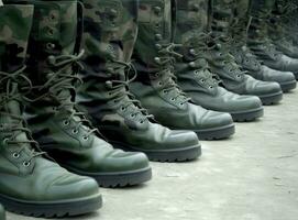 militares chuteiras em a pernas do soldados dentro uma linha. criada com generativo ai tecnologia. foto