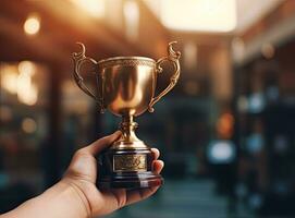 fechar-se humano mão segurando dourado troféu sobre. criada com generativo ai tecnologia. foto