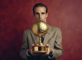 fechar-se humano mão segurando dourado troféu sobre. criada com generativo ai tecnologia. foto