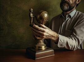 fechar-se humano mão segurando dourado troféu sobre. criada com generativo ai tecnologia. foto