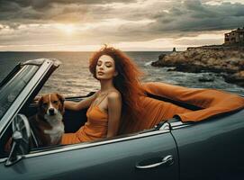 mulher desfrutando lindo Visão em a oceano, sentado em a conversível carro em a rochoso costa durante uma pôr do sol. criada com generativo ai tecnologia. foto