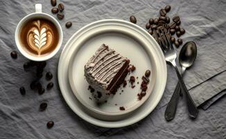 derramando chocolate molho para delicioso fresco bolo em cinzento mesa, fechar-se. criada com generativo ai tecnologia. foto