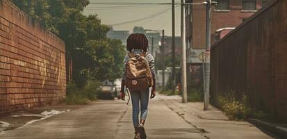 costas para escola, costas do Faculdade aluna com mochila enquanto indo para universidade de caminhando a partir de rua, adolescente dentro campus, Educação fundo, bandeira conceito. criada com generativo ai tecnologia. foto