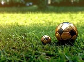 troféu do a fifa mundo copo em a verde Relva do a futebol campo. criada com generativo ai tecnologia. foto