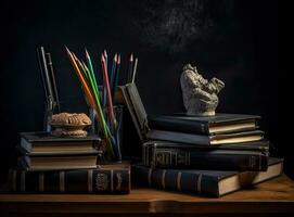 óculos professor livros e uma ficar de pé com lápis em a mesa, em a fundo do uma quadro-negro com giz. a conceito do a professores dia. cópia de espaço. criada com generativo ai tecnologia. foto