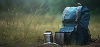 mochila, garrafa térmica e viagem caneca dentro floresta. caminhada equipamento em trilha dentro bosque. mochila do viajante, garrafa térmica café ou chá em banco. criada com generativo ai tecnologia. foto