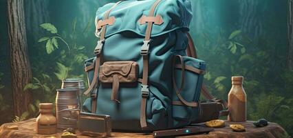 mochila, garrafa térmica e viagem caneca dentro floresta. caminhada equipamento em trilha dentro bosque. panorâmico visualizar. mochila do viajante, garrafa térmica café ou chá em banco. criada com generativo ai tecnologia. foto