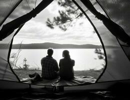 sapato, acampamento e barraca com uma casal de uma lago Fora dentro natureza enquanto caminhada para aventura ou viagem junto. criada com generativo ai tecnologia. foto