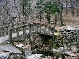 velha ponte sob um riacho na floresta do Parque Nacional de seoraksan. Coreia do Sul