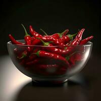 vermelho quente Pimenta pimentas dentro uma vidro tigela em uma Sombrio fundo. foto